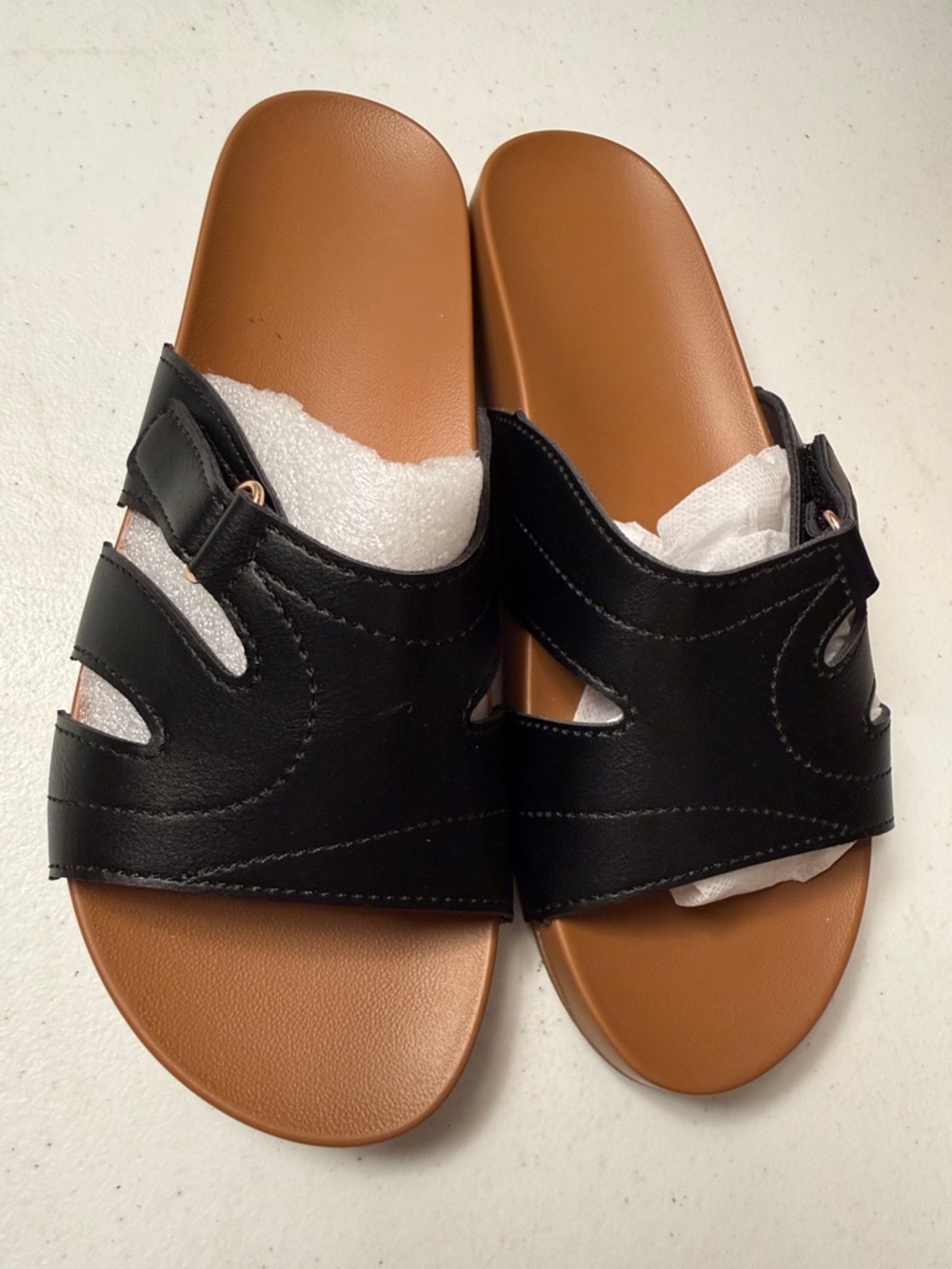 Women's Black Slide Sandals with Brown Footbed - Comfortable Everyday Slip-Ons